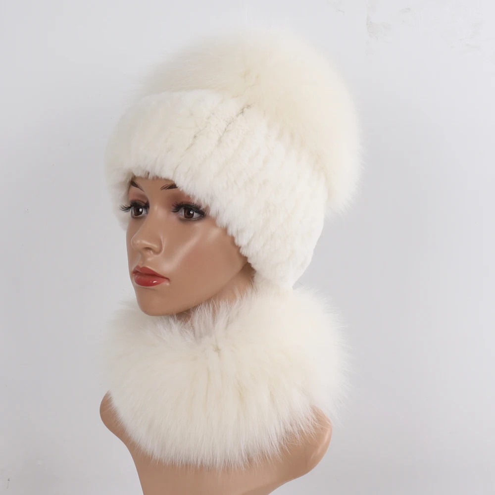 Hot Sale Winter Women Luxury Real Fox Fur Hat Scarf Sets Lady Natural Rex Rabbit Fur Hats Knitted Fox Fur Cap Scarves 2  Pieces