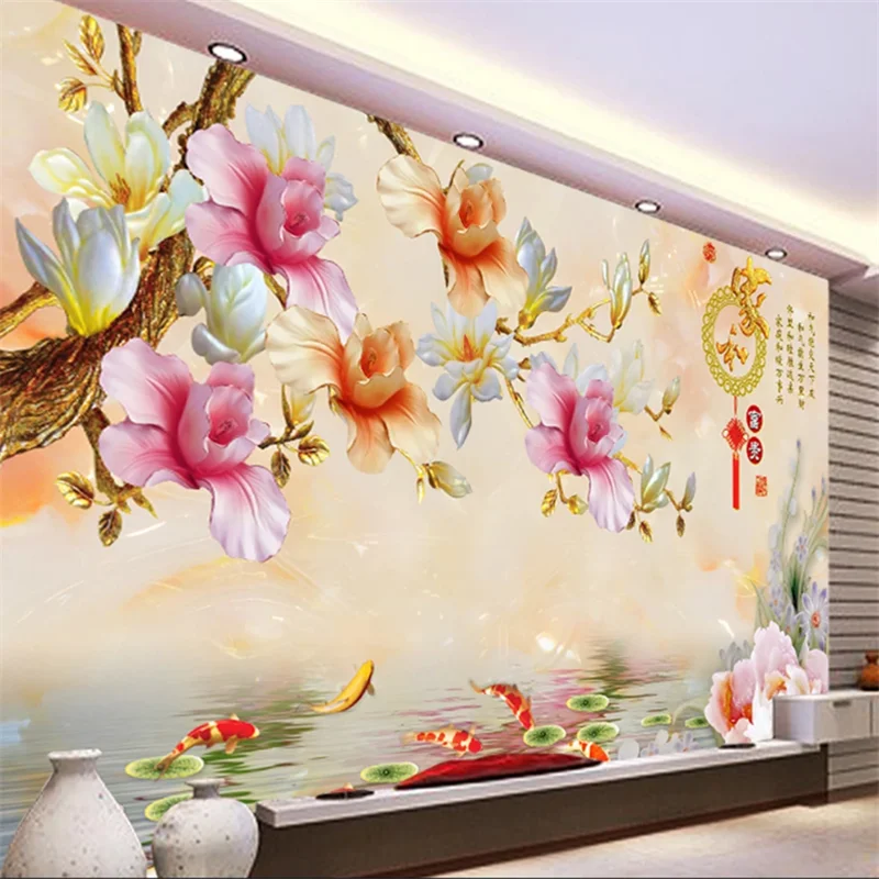 

wellyu Custom large-scale murals Chinese wealthy 3D jade carving peony colorful magnolia background wallpaper