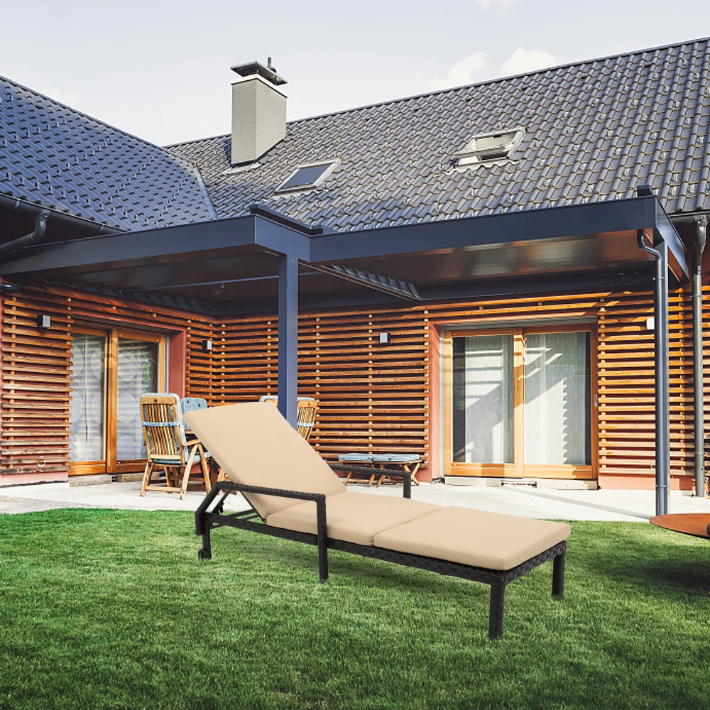 Wheeled Bed Outdoor Chaise Foldable PE Rattan Iron Polyester Cloth Vertical Cotton with Matching Mat