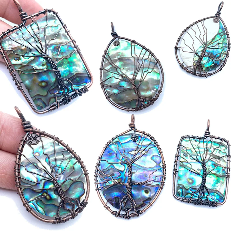 2021 NEW Lovely Steel Bronze Wire Winding Natural Abalone Shell Water Droplets And Round Pendant 1 PCS