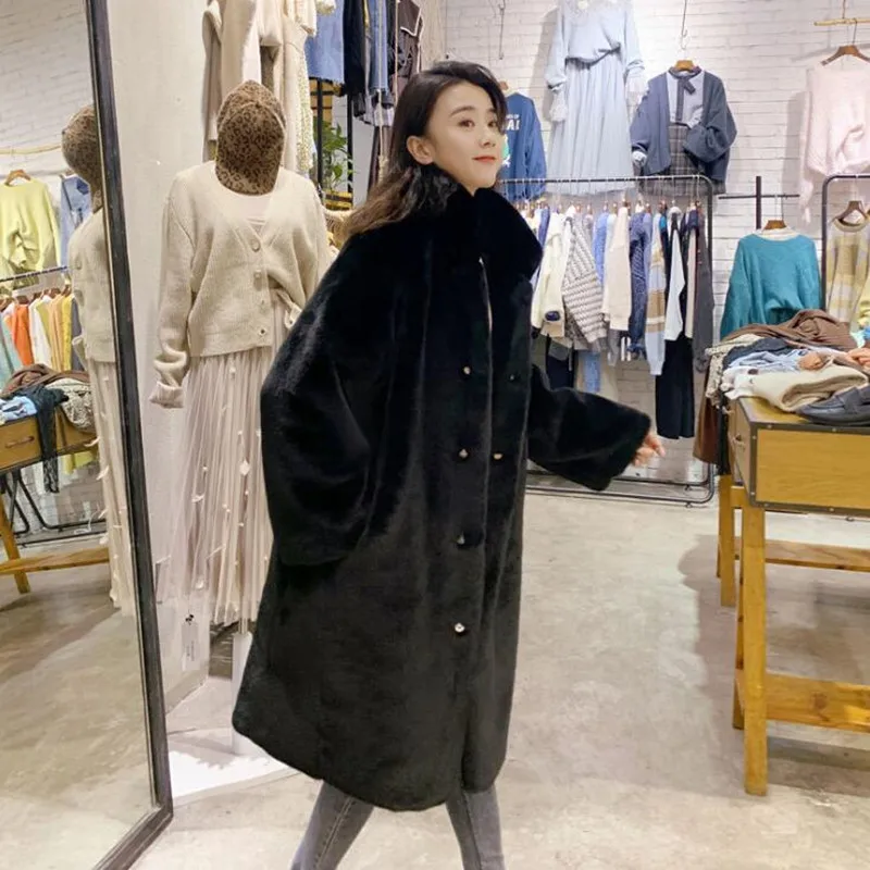 

2024 winter new imitation mink mink plush long coat stand collar over the knee thick loose coat for female students Overcoat