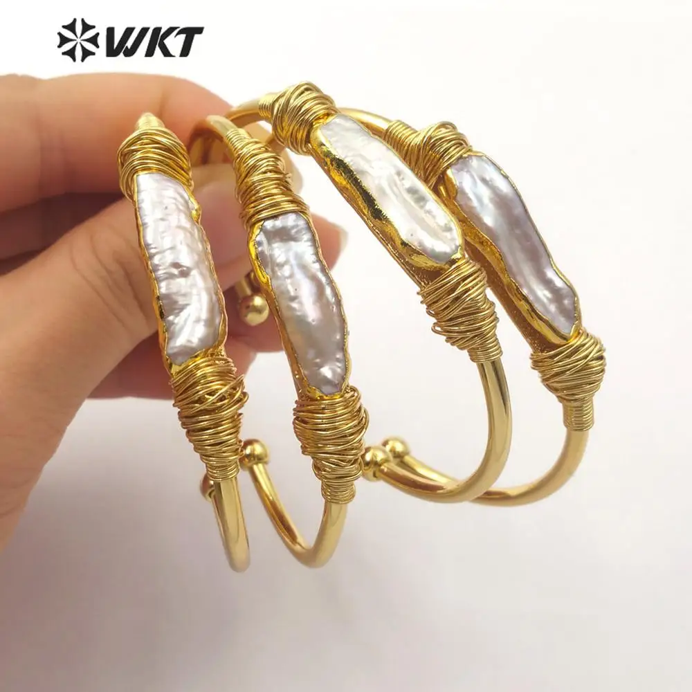 WT-B489 WKT Natural Pearl Wire Wrapped Bangle Gold Bezel Irregular Pearl Bracelet Women Fashion Charm Bracelet Jewelry Gift