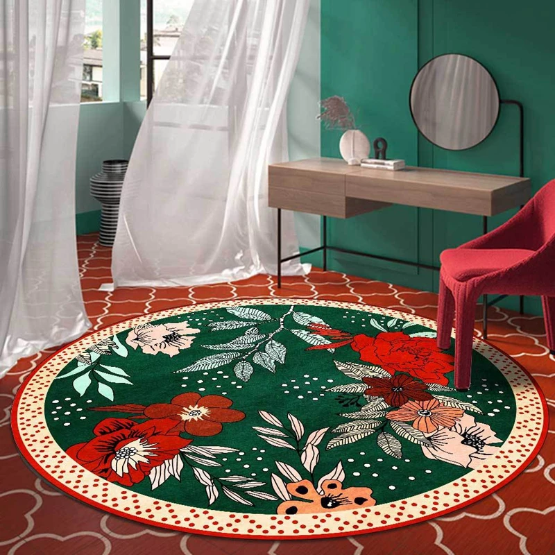 

American Style Round Area Rugs Retro Red Flower Green Leaves Printed Carpet Living Room Bedroom Sofa Chair Non-Slip Floor Mat