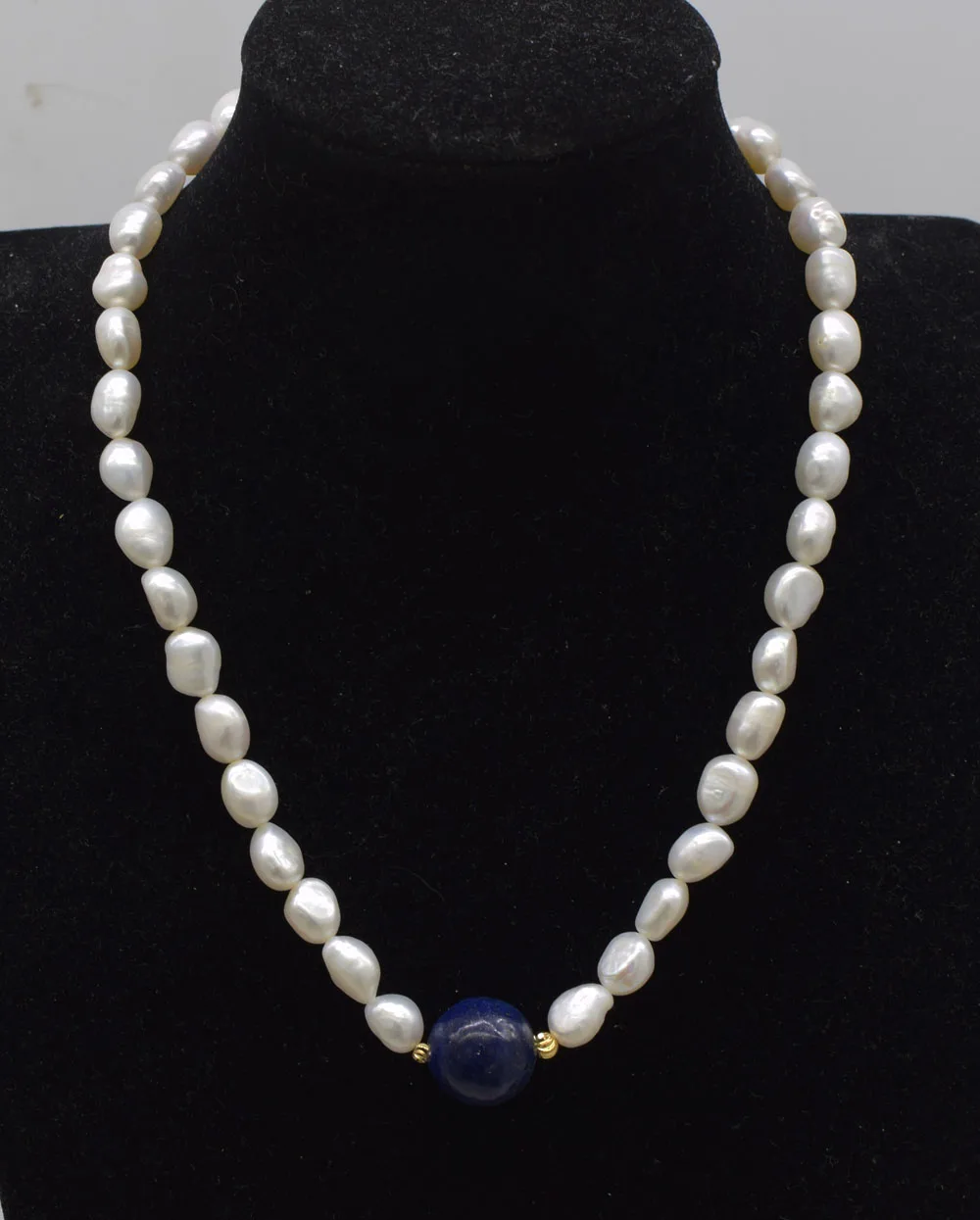 freshwater pearl white baroque and lapis round 16mm necklace 17inch FPPJ wholesale beads nature