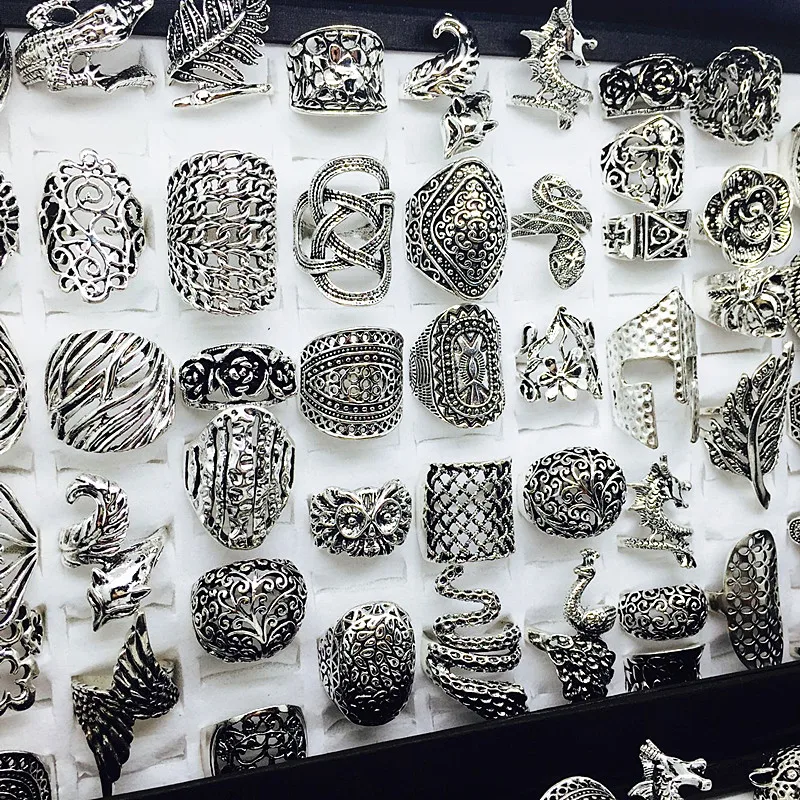 MixMax 20pcs/Lot Women's Vintage Silver Plated Rings Ladies Fashion Jewelry Beautiful Party Gifts Variety of Styles Wholesale