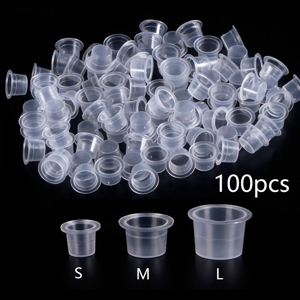  100pc S/M/L Plastic Disposable Microblading Tattoo Ink Cups Permanent Makeup Pigment Clear Holder Container Cap Tattoo Accessory 