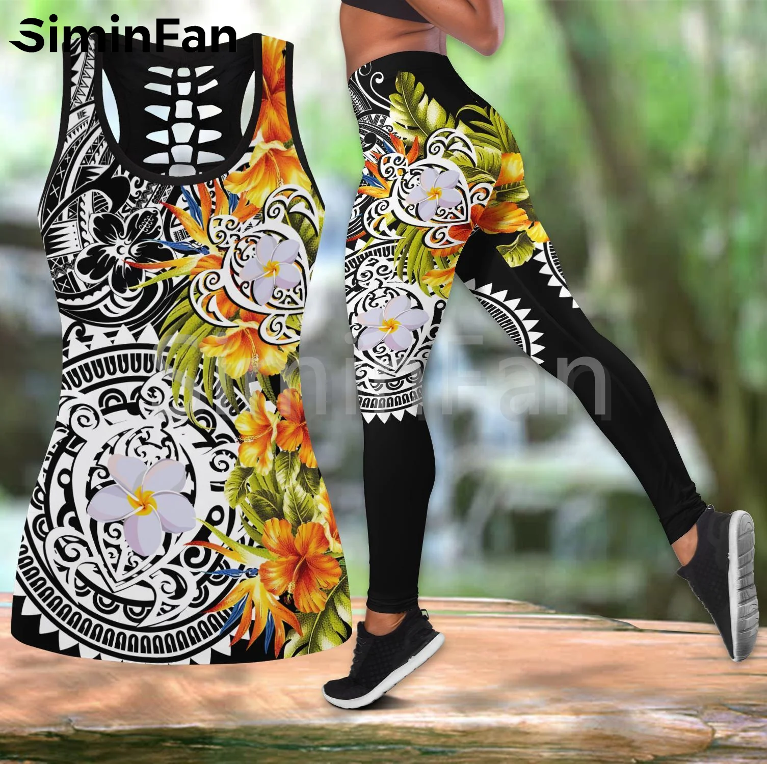 

Polynesian Turtle Tattoo Combo Outfit Two Piece Yoga Sets Women 3D Print Hollow Out Tank Top Legging Summer Vest Casual Pant 08