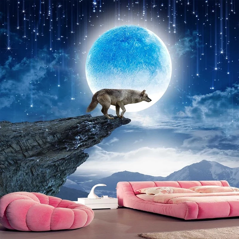 

Custom Any Size Mural Wallpaper 3D Moon Animal Wolf Landscape Wall Sticker Living Room Bedroom TV Background Home Decor Poster