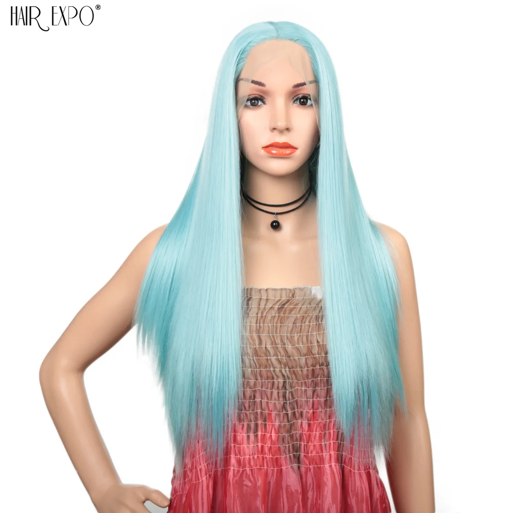 

28Inch Front Lace Wigs Long Straight Synthetic Hair Glueless Soft Light Blue Cosplay Wig NatureHairline For Women Hair Expo City