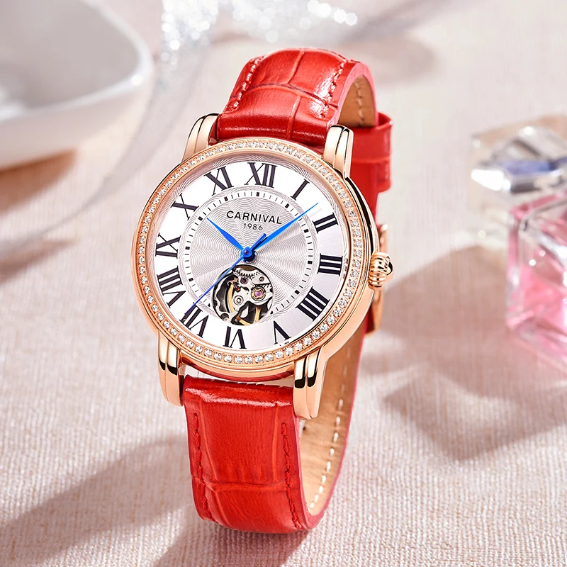 Switzerland CARNIVAL Luxury Brand Japan Import Automatic Mechanical Women\'s Watches Sapphire Waterproof Skeleton Clock C8052L