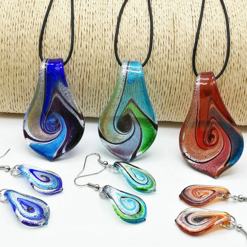 6 Sets Different Color Whirlwind Pattern Ribbons Glass Murano Leaf Pendant Necklace Earrings Chinese Style Colored Glaze Jewely