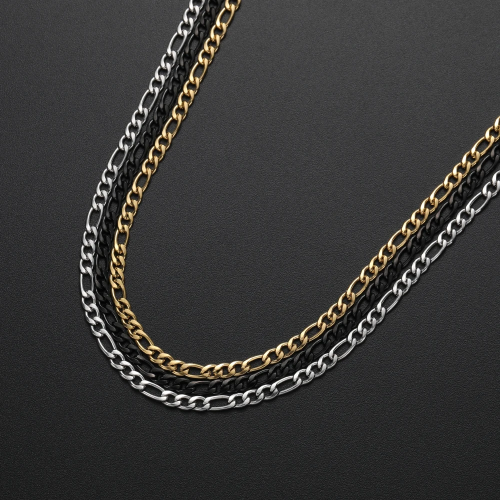 Low price Width 4MM Stainless Steel Plated Gold Black Figaro Chain Necklace For Men and Women Fashion Gift Jewelry Drop shipping