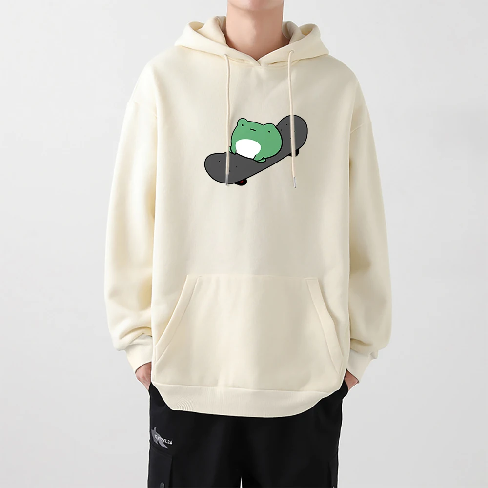 Winter Skateboard Frog Oversized Sweatshirt Men And Women\'s Hoodies Harajuku Warm Pullover Drawstring Beige Male Korean style