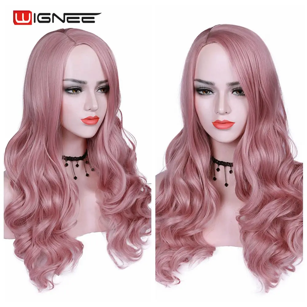 Wignee Pink Hair Synthetic Wig Long Wavy Wigs Heat Resistant For Women Daily/Party Natural Black to Brown/Purple/Ash Blonde Wig