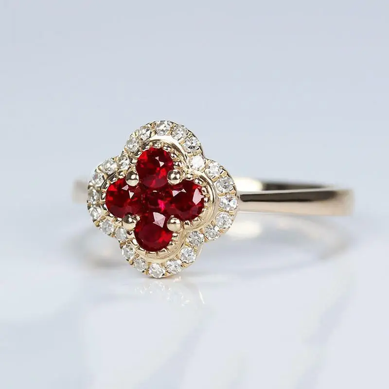 New Design Silver Diamond Ruby Four Leaf Flower Adjustable Ring Exquisite Luxury Anniversary Accessories Ladies Jewelry