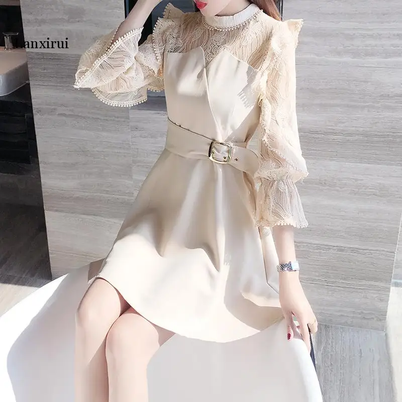 Spring New Dress Women Korean Office Ladies Elegant Ruffles Dress  A-line Long Sleeve Lace Sexy Dress Vestidos Female