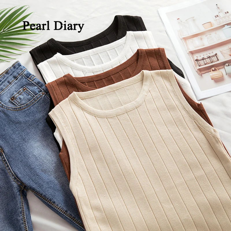 Pearl Diary All-Match Condole Belt Knitted Out Wear Top Women Inside Wear Short Round-Neck Sleeveless Knit Ropa Mujer