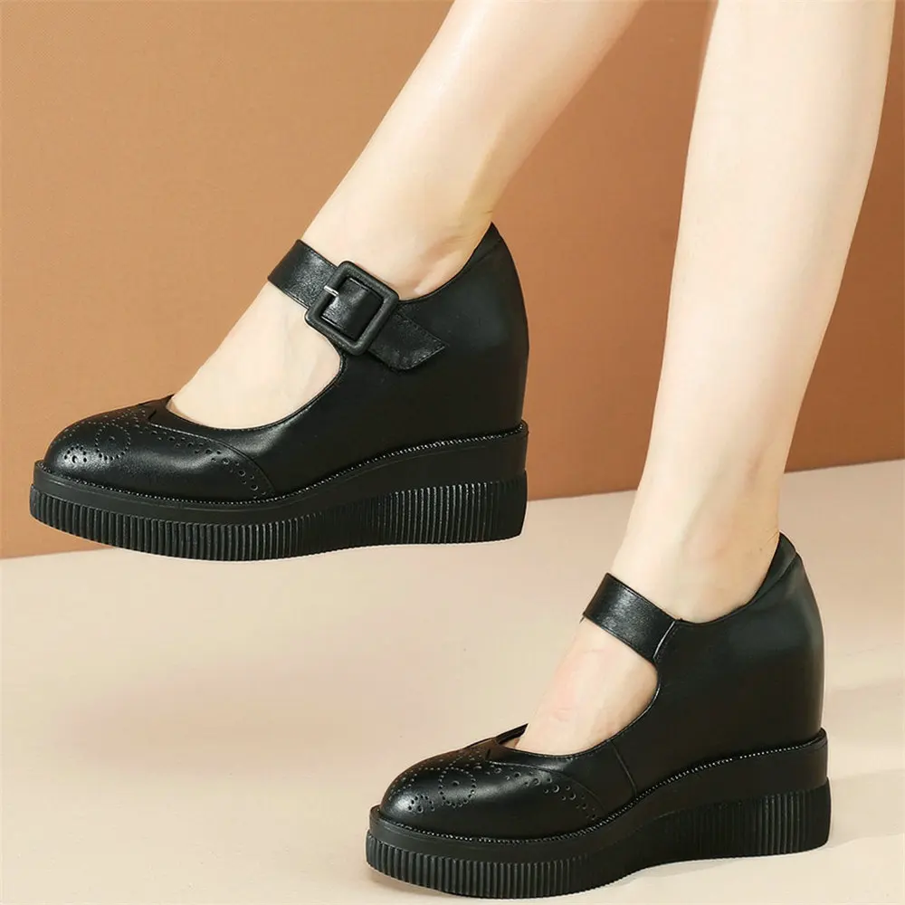 

Chunky Platform Oxfords Shoes Women Loop Genuine Leather Wedges High Heel Pumps Shoes Female Round Toe Mary Janes Casual Shoes