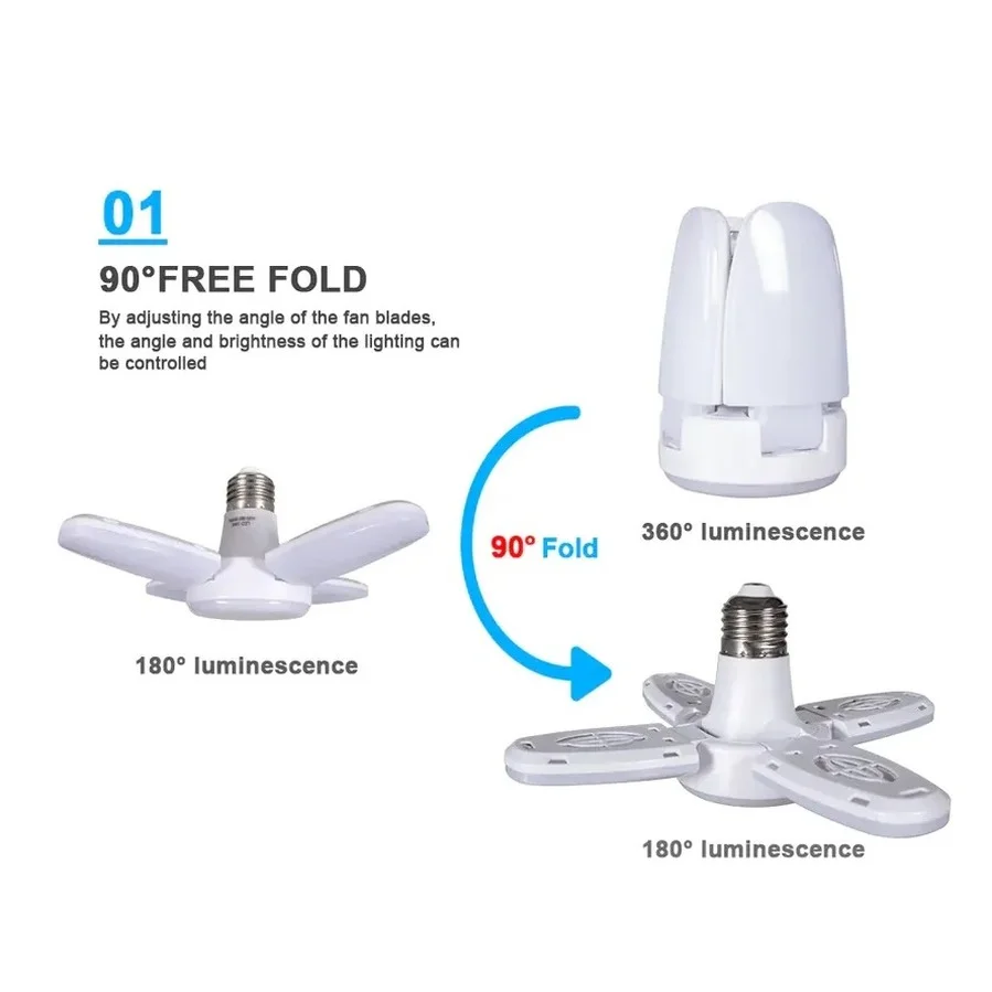 VnnZzo LED Mini Folding Led Fan Light Bulb E27 Lampada AC85 - 265V 28W Foldable Fan Blade Angle Adjustable Light Bulb