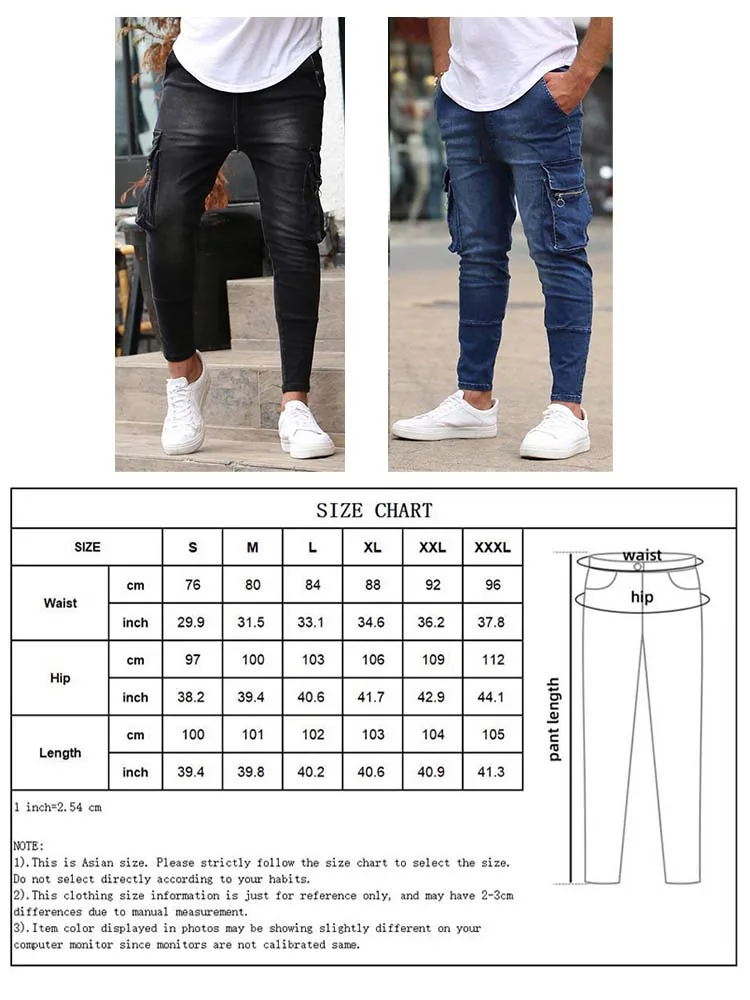 New Men Pants Zipper Multi Pocket Jeans Pencil Pants Hip-Hop Slim Man Trousers Black Blue Male Jogging Denim Pant Streetwear
