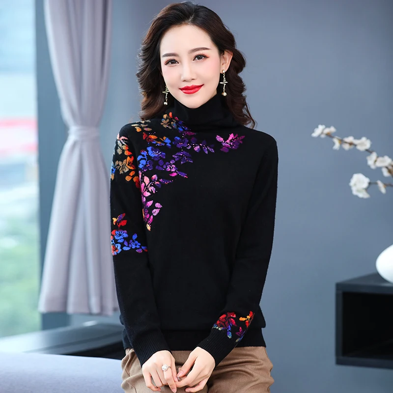 Women\'s Vintage Printing Jumper Winter & Autumn Floral Printed Sweater Elegant Female Flowers Turtleneck Knitwear Pullover Warm