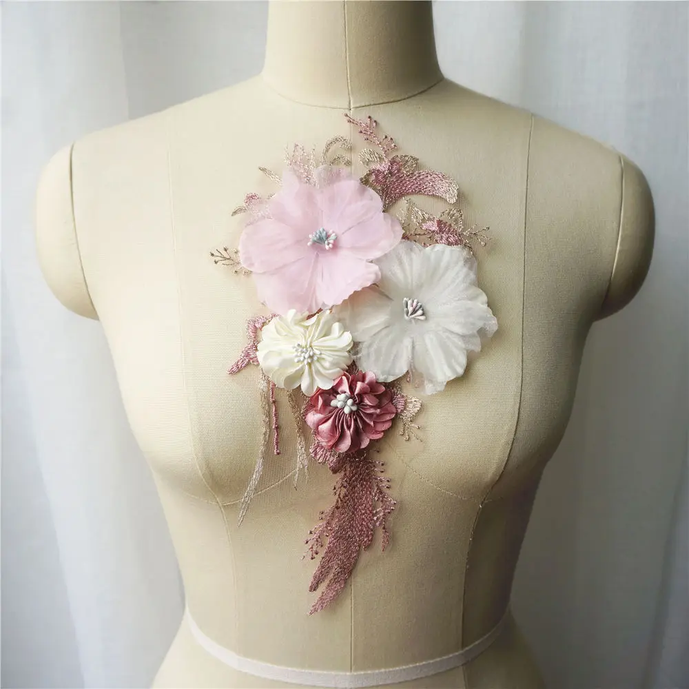 Pink 3D Flowers Tassel Lace Fabric Embroidered Wedding Gown Appliques Sew Patch For Dress DIY Decoration