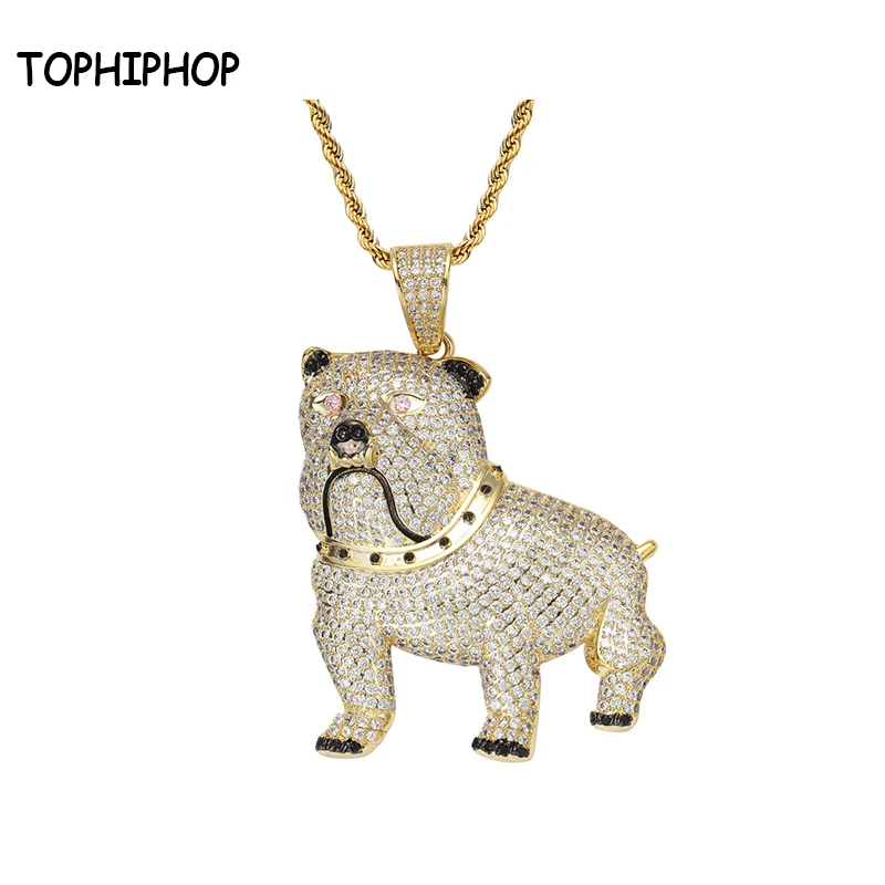 

TOPHIPHOP Animal Bulldog Dog Pendant Necklace Ice Out Colorful Cubic Zirconia Gold Sparkling Hip Hop Men's Pendant Jewelry Gift