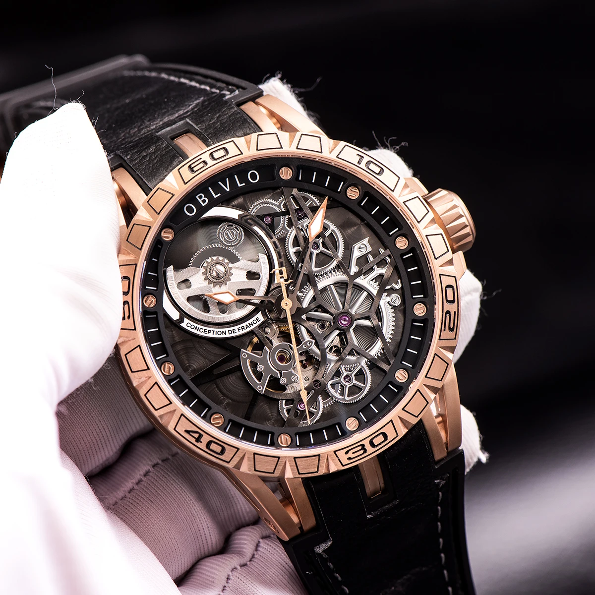 OBLVLO Top Brand New Designer Fashion Watches For Men Skeleton Dial Rose Gold  Automatic Self-Wind Watches Rubber Strap Watch LM