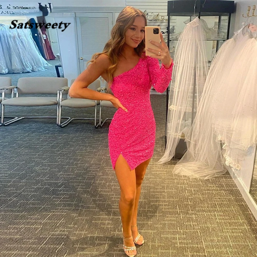 One Sleeve Sexy A Line Rose Red Sequin Homecoming Dress Girl Mini Graduation Dress Beading Short Prom Gown vestidos de fiesta