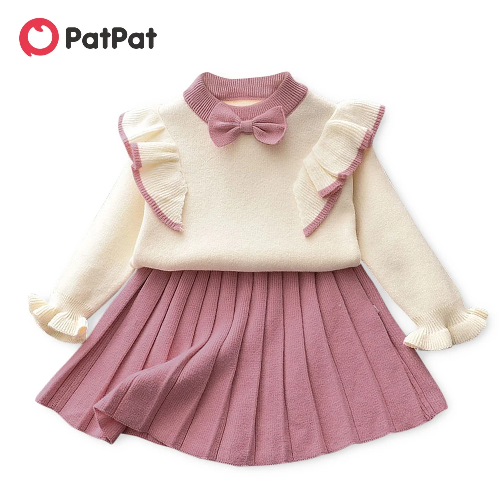 

PatPat 2-piece Baby / Toddler Bowknot Flounced Knitted Top and Pleated Skirt Set