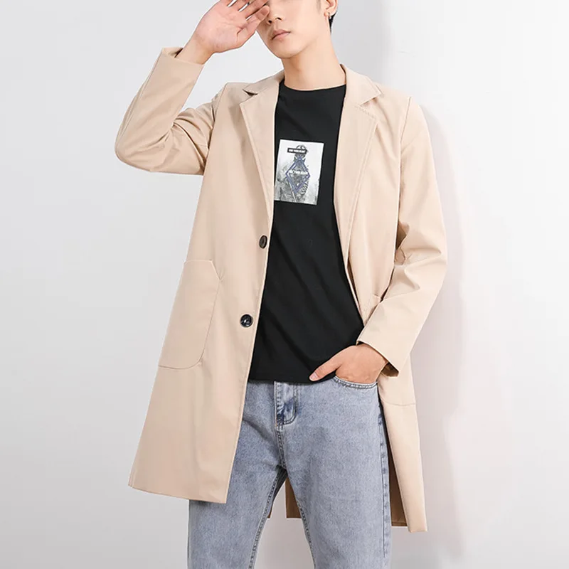 Fy07 casual men trench japão estilo fino single-breasted simples mid-length moda diário bonito solto juventude masculino blusão