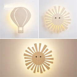 Nordic cartoon wood art hot air balloon wall lamps children's room aisle bedroom bedside led decor sun sconces lights fixtures