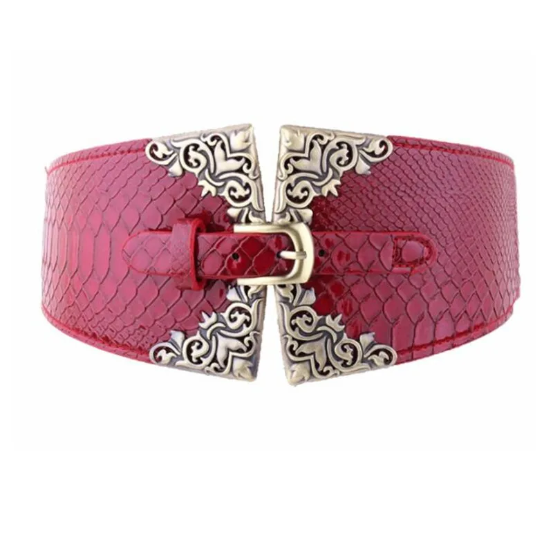 New Lady Women Elastic Waistband Wide Waist Belt Retro Metal Buckle Faux Leather Red Brown