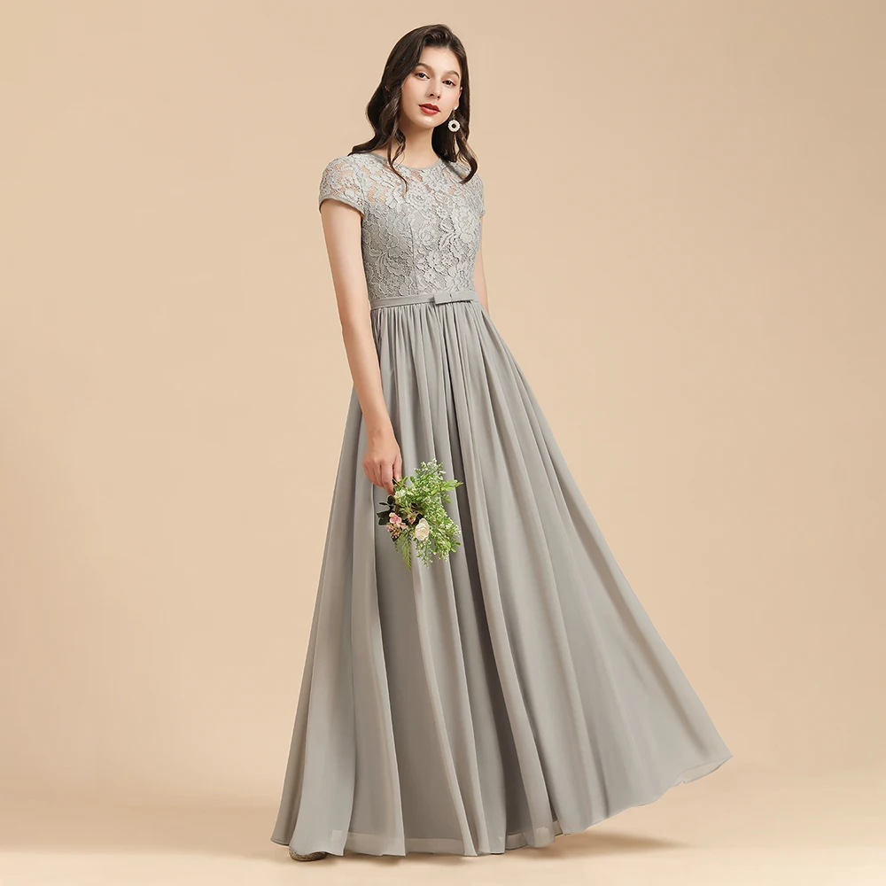 MisShow Custom Silver Grey Long Bridesmaid Dresses Modest Chiffon Multi-Layer Lace Evening Gowns for Wedding Party Robe De Soire