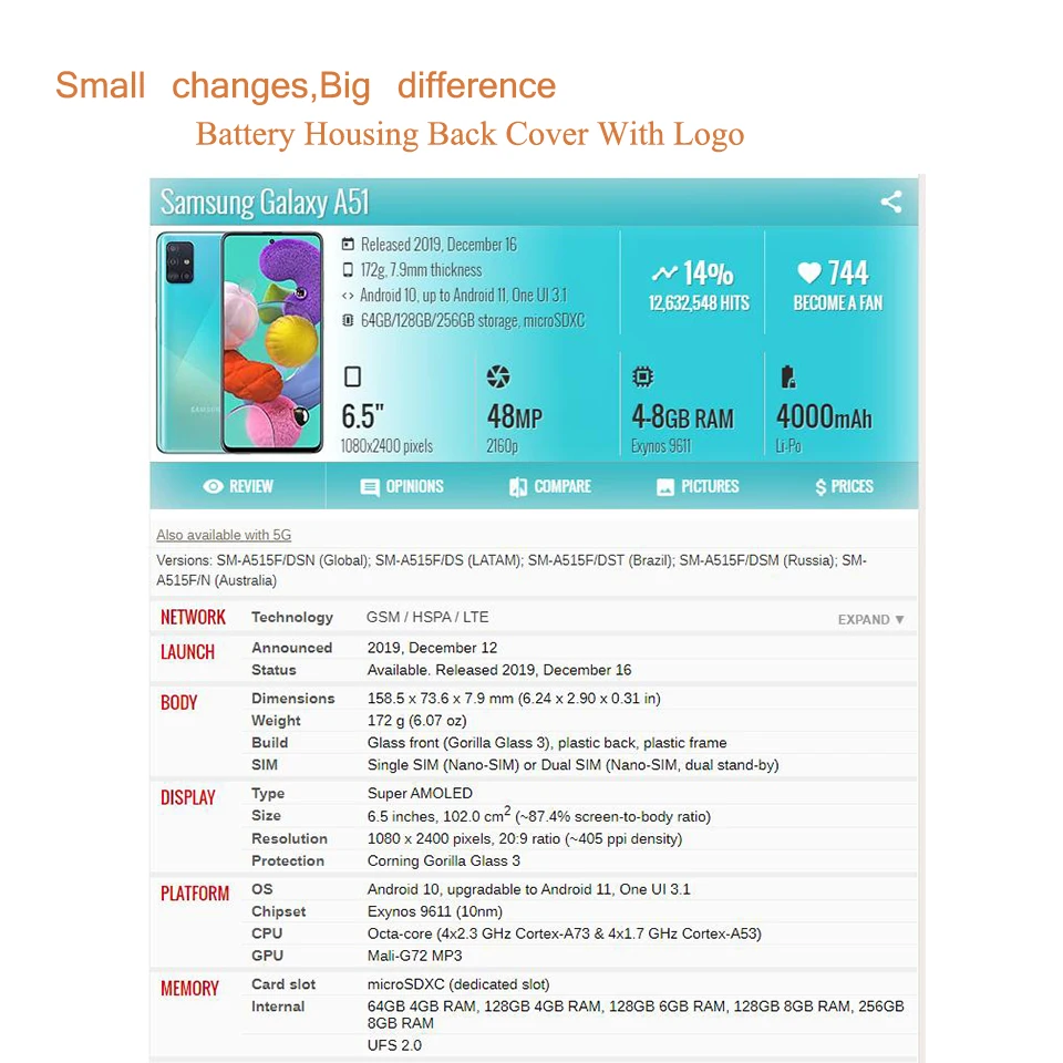 10Pcs/Lot For Samsung Galaxy A51 Housing Battery Cover A51 A515 A515F Back Cover Real Case Door Chassis Shell Replacement