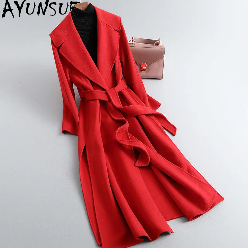 

AYUNSUE Autumn Elegant Double-sided Woolen Coat Female Winter 2021 Long Korean Real Wool Jacket Women Red Casaco Feminino Gxy339