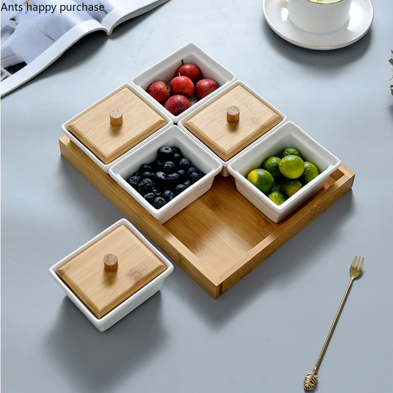 White Ceramic Snack Plate Snacks Platter Wood Cover Glass Cover Wood Pallets Snacks Dried Fruit Plate Set Fruit Bowl Candy Tray
