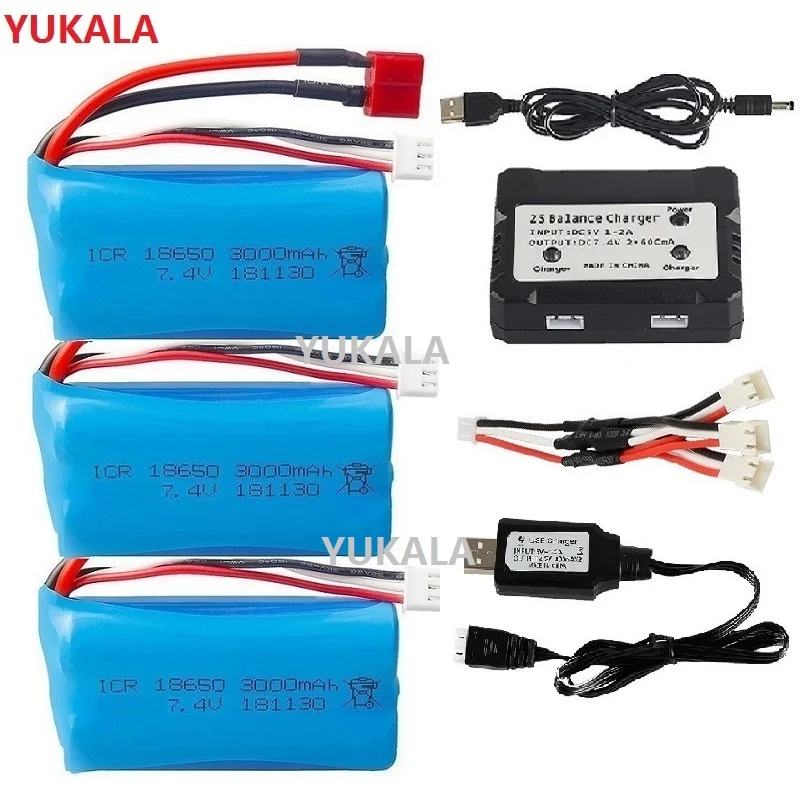 YUKALA 18650 7.4V 3000MAH Li-ion Battery 2S for Wltoys 144001 10428 12428 12423 Q46 RC Car Parts /Charger 7.4 V 3000 MAH