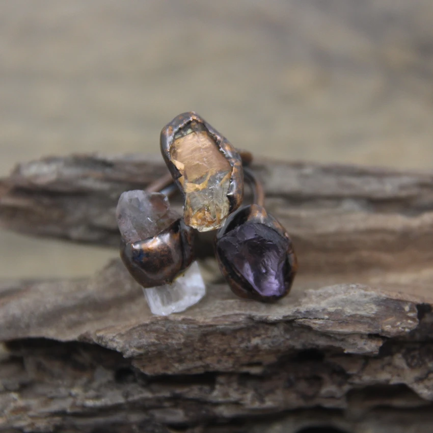 Raw Crystal&Amethysts&Citrines Bronze Rings Healing Quartz Antique Copper Adjustable Ring Fashion Jewelry Dropshipping,QC4002