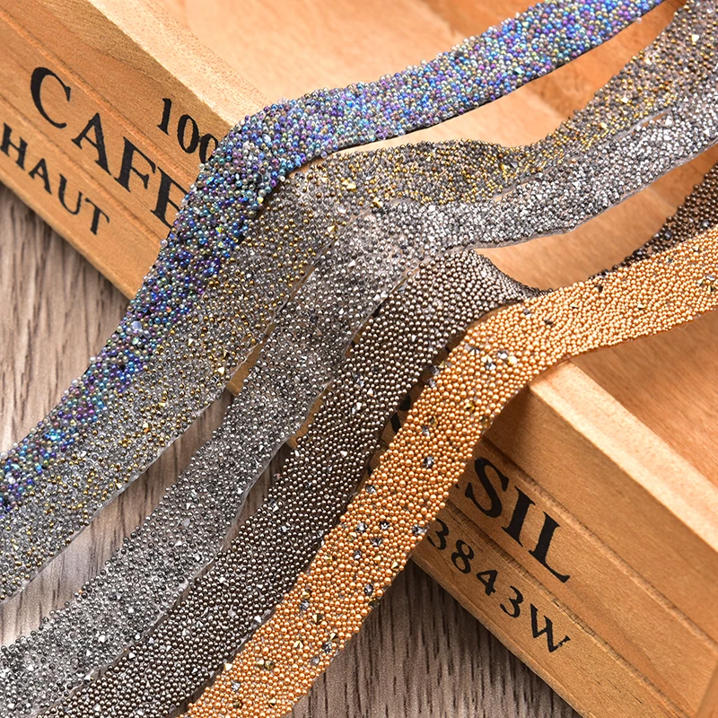 Caviar Beads Tape Hotfix Trimming 11Mm Wide Dense Rhinestone With Color Bead Glue Strip Diy Shoes Sweater Trouser Decorations
