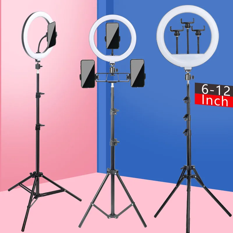 Anillo de luz de 6 a 14 pulgadas, 10 niveles de atenuación, 22 modos, luz de relleno profesional 3CCT/RGB con trípode y soporte para teléfono/iPad, para transmisión en vivo