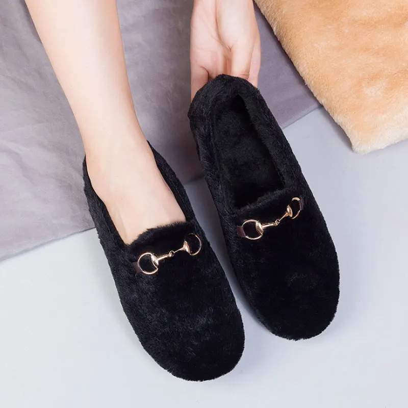 

Akexiya Winter Women's Black Ballet Flats Warm Fur Moccasins Casual Rubber Shoes Woman Footwear Loafers Female Slip on Shoes