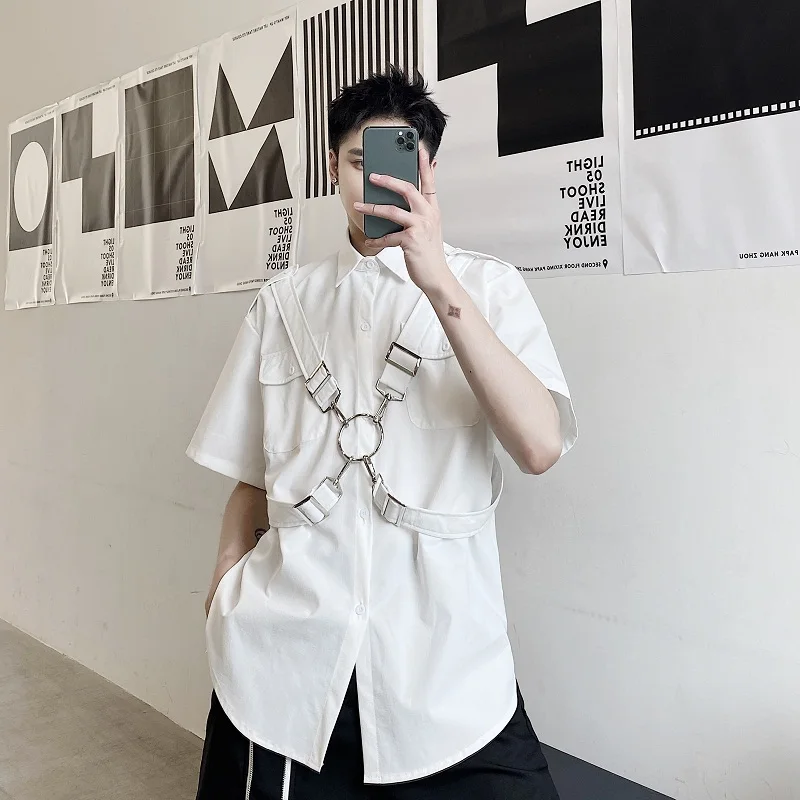 2021 Men Iron Ring Bandage Short Sleeve Casual Loose Shirts Male Japan Streetwear Hip Hop Punk Shirts Stage Clothing