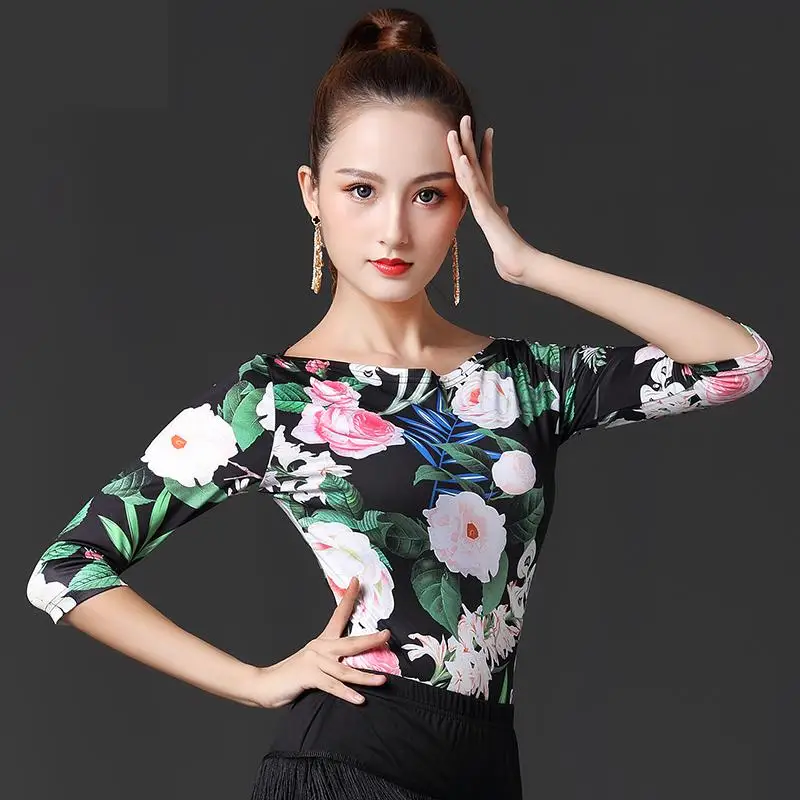 Autumn Latin Dance Performance Shirt New Female Adult Print Tops National Standard Ballroom Dancing Practice Clothing Round Neck