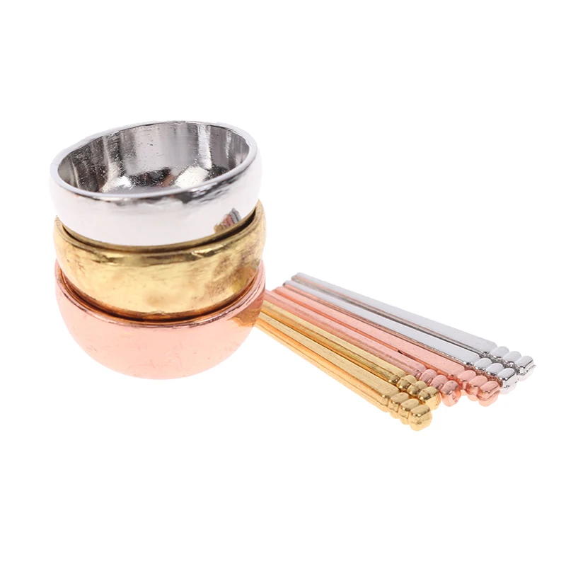 1 Set Dollhouse Miniature Accessories Mini Metal Bowl Chopsticks Set Simulation Kitchen Tableware Model Toys