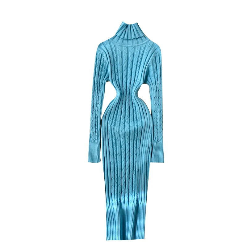 Knitted Turtleneck Women\'s Dress Autumn 2021 Fashion Screw Thread Warm Slim Straight Long Dress Spring Elegant Female Clothing