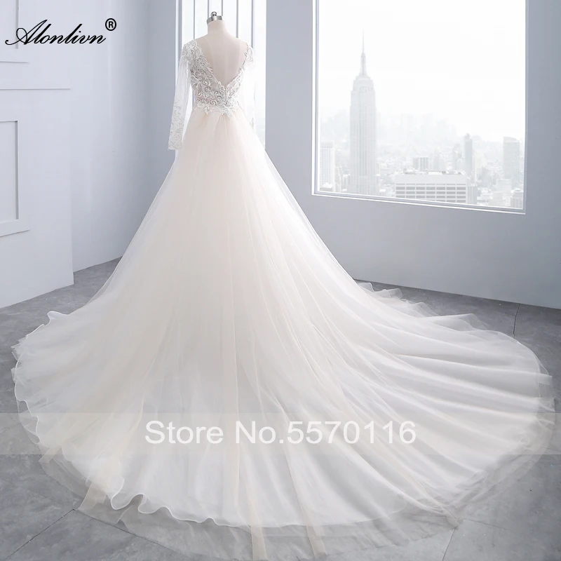 Alonlivn Real Photo Beaded Pearls 2 In 1 Mermaid Wedding Dresses Full Sleeves Appliques With Removable Bridal Skirts