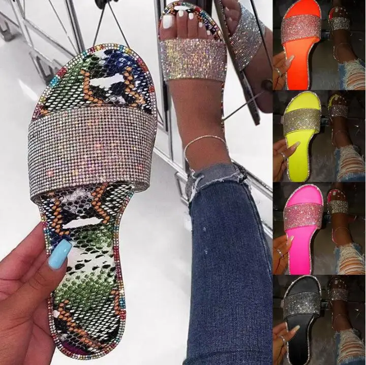 New Summer Women Crystal Slippers Glitter Flat Soft Bling Female Candy Color Flip Flops Indoor Ladies Slides Hot Beach Shoes