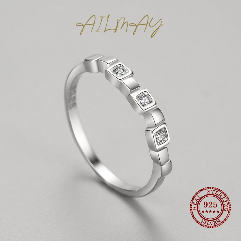Ailmay Real 925 Sterling Silver Fashion Clear Zircon Stackable Finger Ring For Women Charm Silver Ornaments Wedding Fine Jewelry