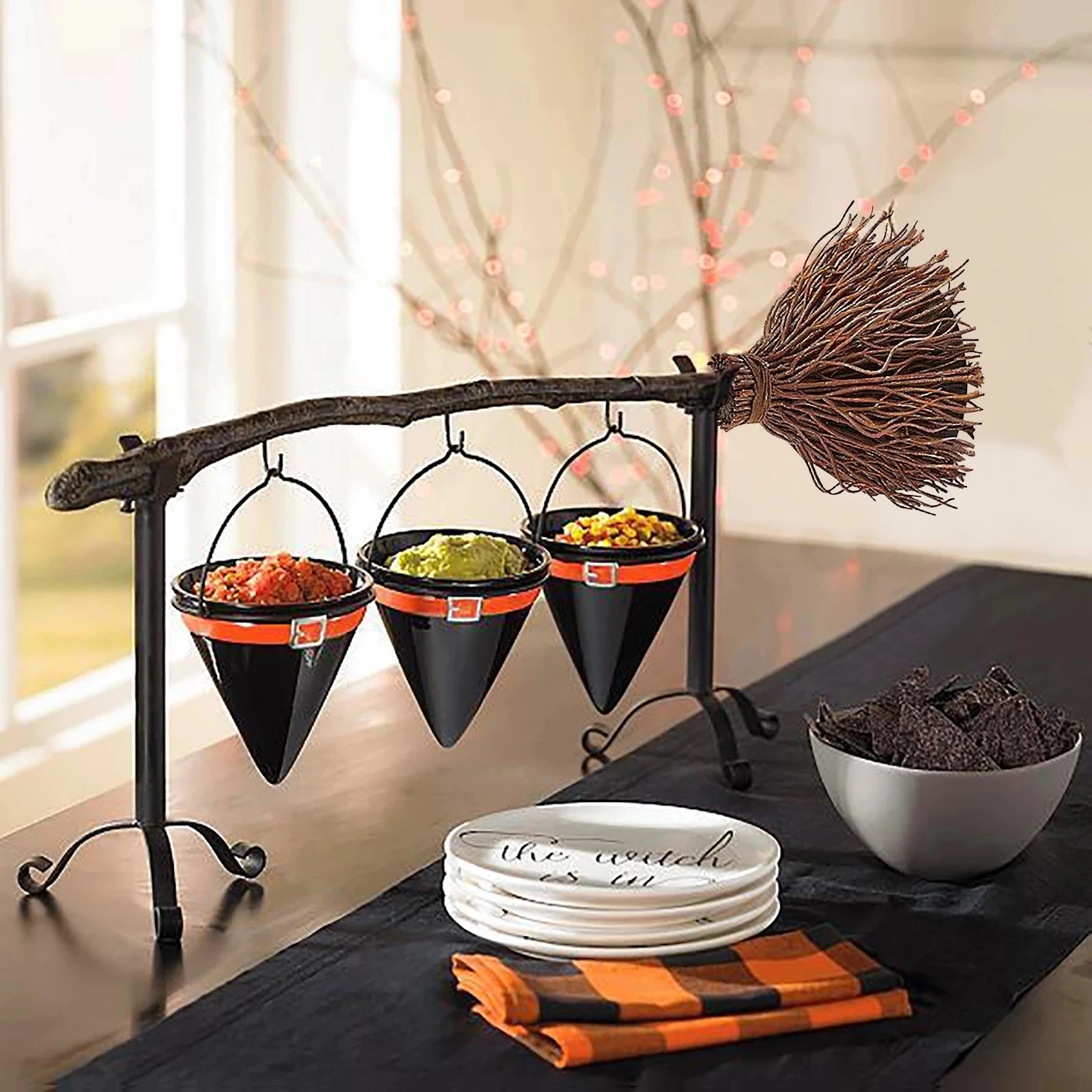 Broomstick Snack Bowl Stand Witch Hands Snack Bowl Halloween Pumpkin Snack Bowl Stand Halloween Party Creative Snack Basket